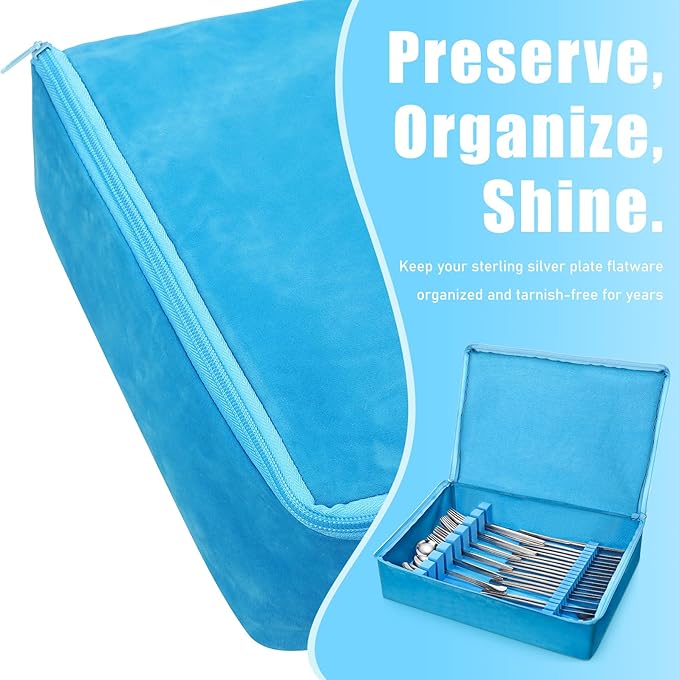 Zippered Flatware Storage Drawer Liner Silverware Storage Bag Tarnish Preventative Silver Organizer Cutlery Case Container Box Large Capacity Silverware Chest 15.75" x 11.02" x 3.94"(Blue)