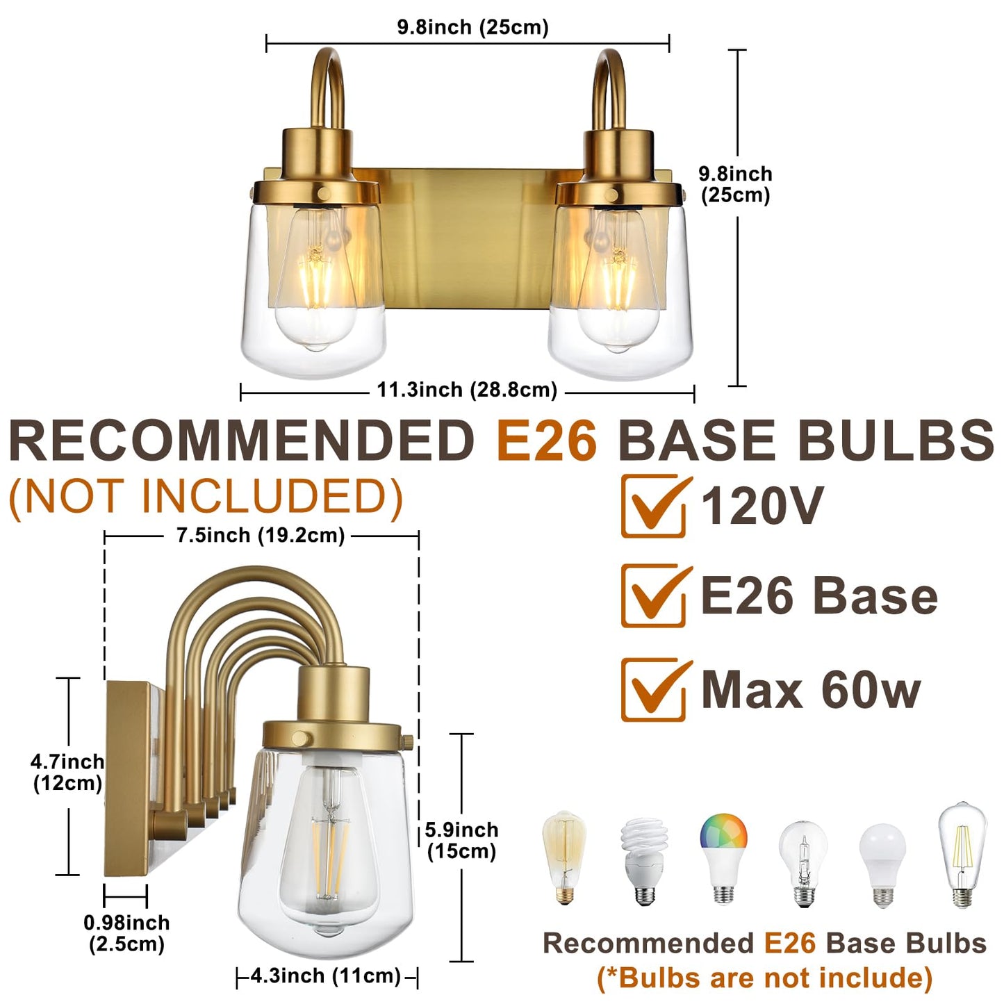 Yaohong 2-Light Vintage Gold Bathroom Light Fixtures, Industrial Wall Sconce with Clear Glass Shade, Model AT9064WL2-YB