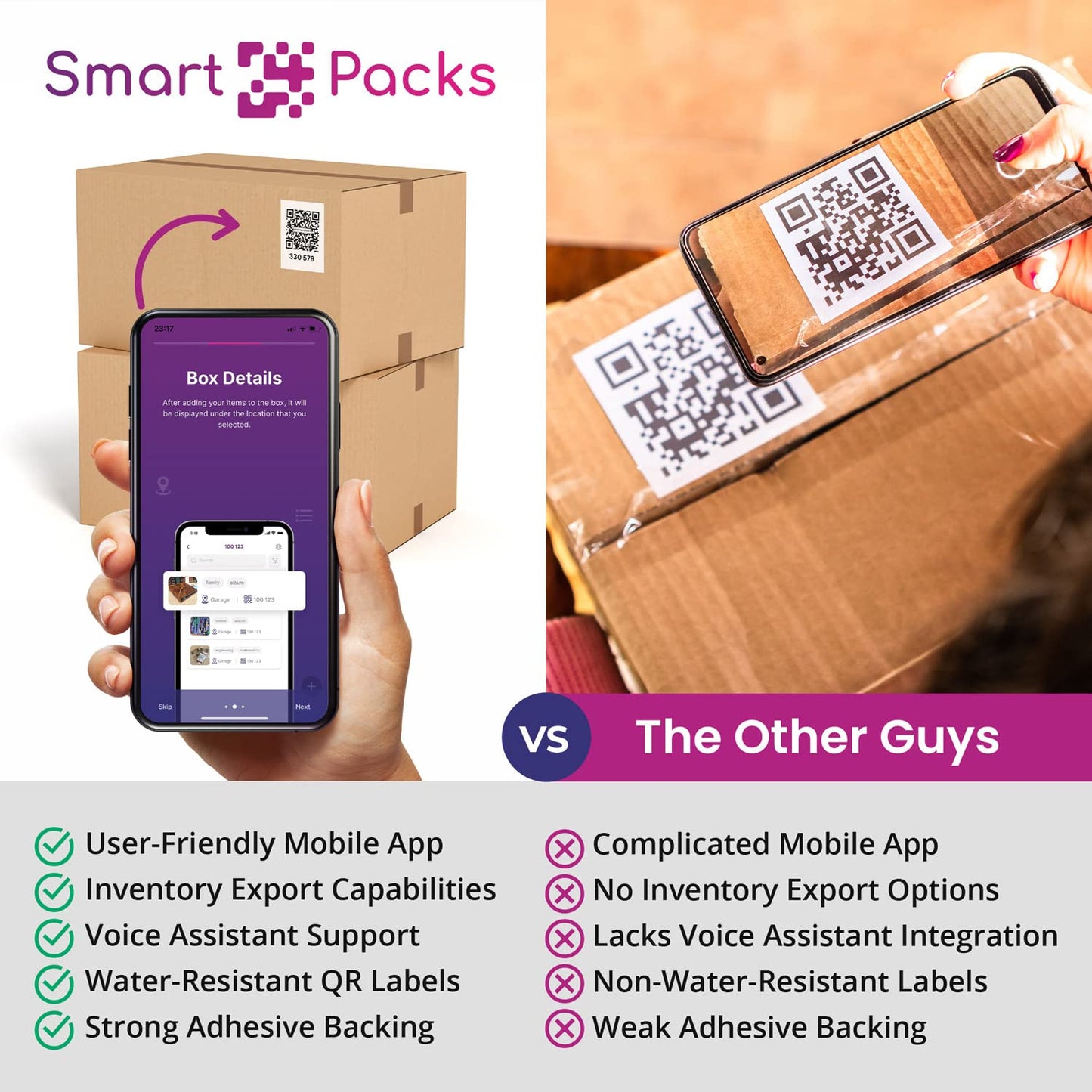 SmartPacks QR Stickers - Premium Smart Labels for Storage Bins | Advanced Pack and Track Labels with QR Code for Inventory, Storage, Moving | 48 Stickers
