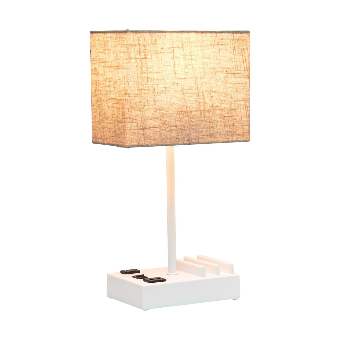 Simple Designs LT1110-BGW Desk Lamp with USB Ports, 15.3in Tall, Beige Fabric Shade, White Base, Multi-Use for Bedroom, Office, Dorm