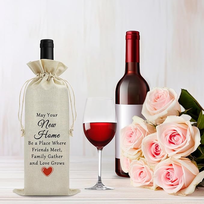 Housewarming Gift for New Home Wine Bag Congratulations Moving House Warming Gift for Women Friends Wine Gift Bag Realtor Gift to Clients Burlap Drawstring Wine Bag Gift First Time House Warming Gift