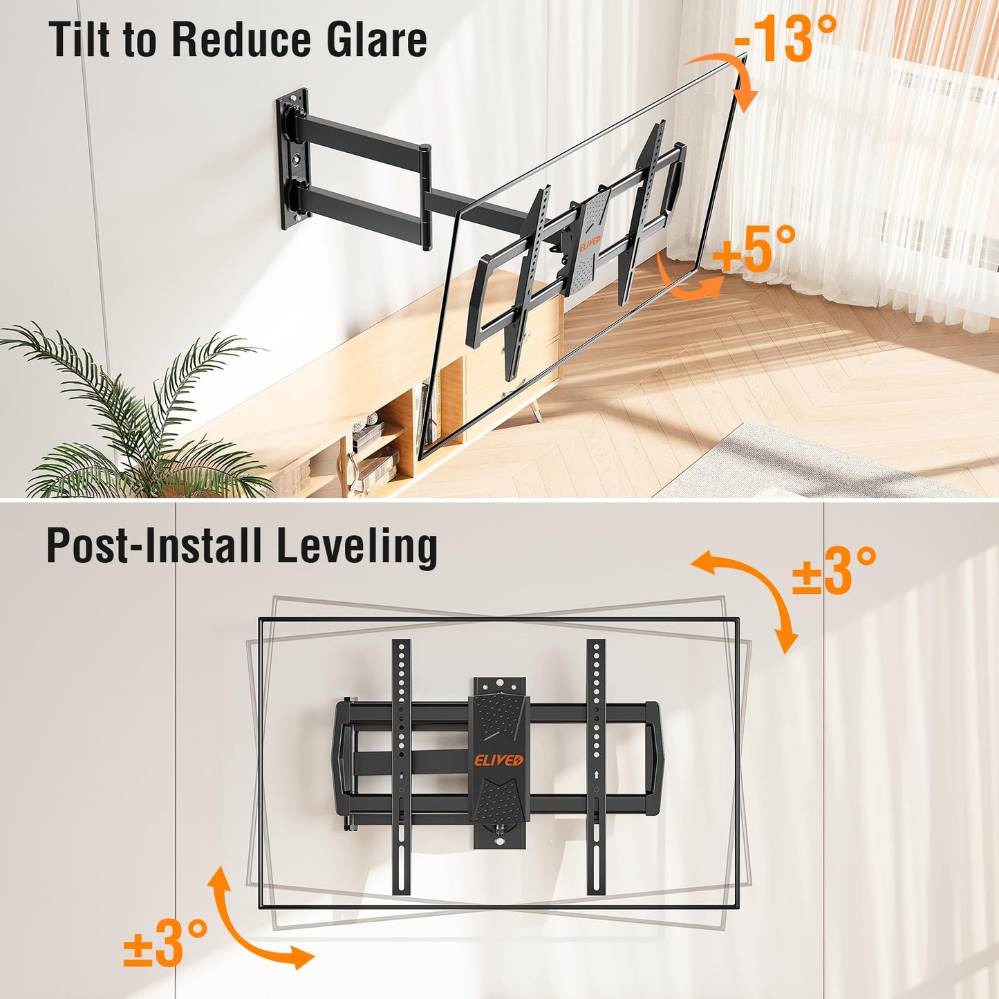 ELIVED Long Arm TV Mount for Most 42-75 Inch TVs, 32" Long Extension Arm Corner TV Wall Mount, Articulating Wall Mount tv Bracket Swivel and Tilt, Holds up to 99 lbs. Max VESA 600x400mm, YD1036