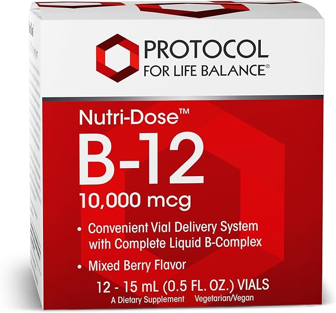 Protocol Nutri-Dose B-12 10,000mcg - Liquid Vitamin B-12 - for Energy Support, Nerve Health & Metabolism Support* - with Folate & Biotin - Convenient Vials - High Potency B-12-12 Vials