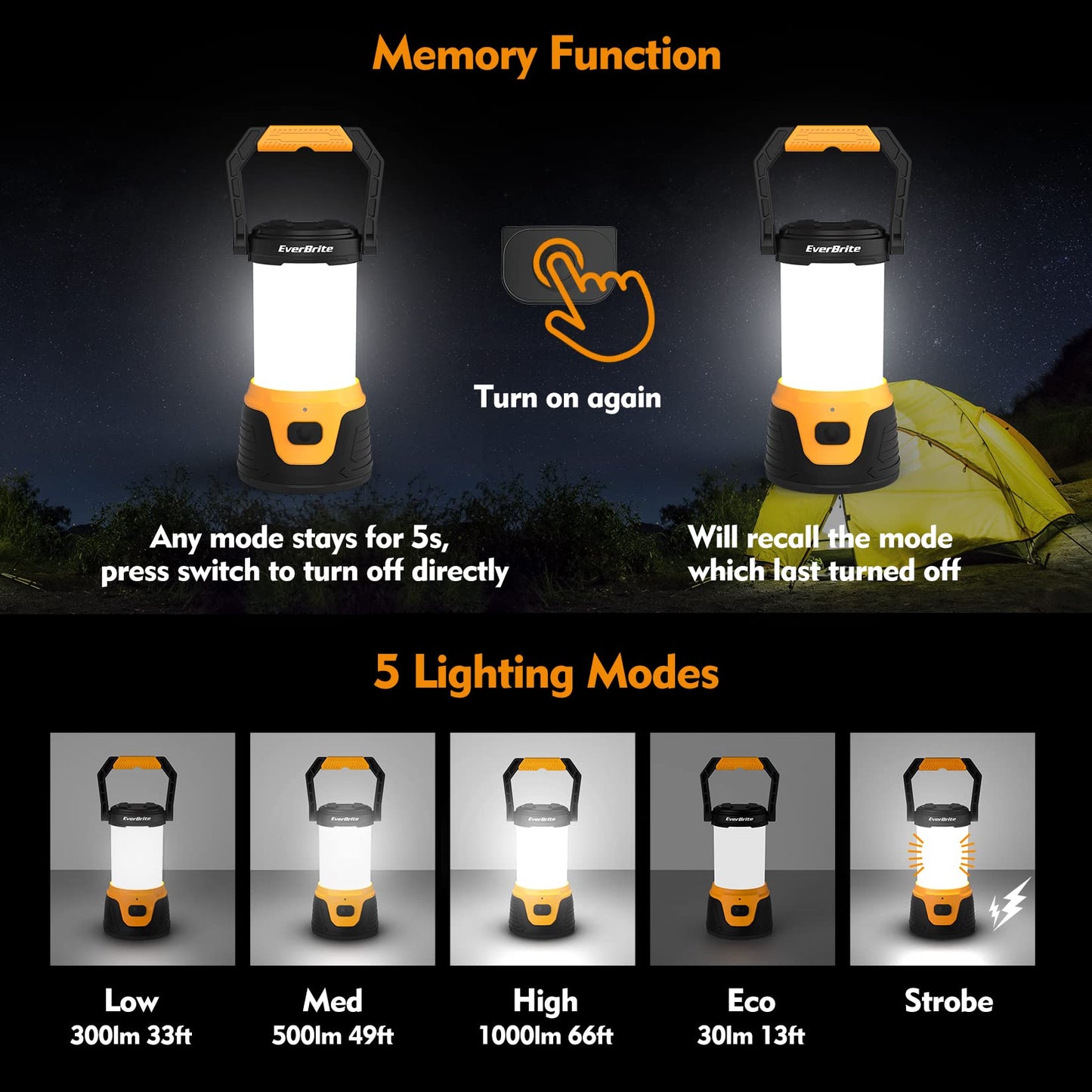 EverBrite Rechargeable LED Camping Lantern, 1000 Lumens, 5 Lighting Modes, Black, Model E041030AE