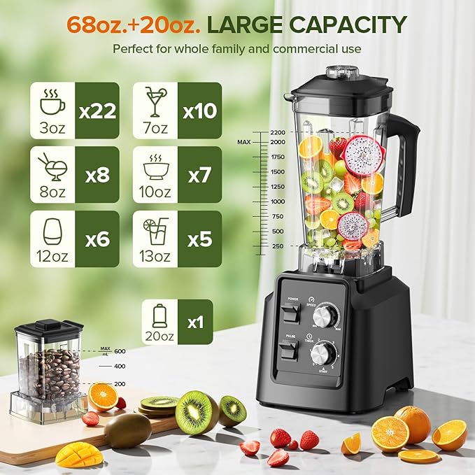 Blender for Smoothies - Blenders for Kitchen with 68Oz. Pitcher & 20Oz. Grinder, Smoothie Blender for Ice Crushing, Frozen Fruit, 28000 RPM, Black