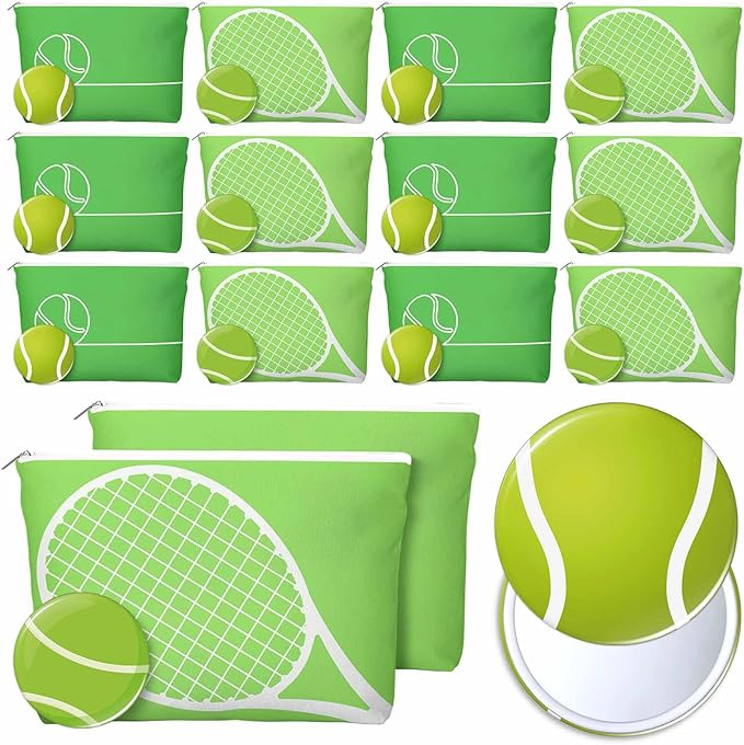 Kacctyen 24 Pcs Tennis Lovers Gifts Bulk for Women Tennis Themed Canvas Makeup Bags Compact Mirrors Accessories for Girl W...