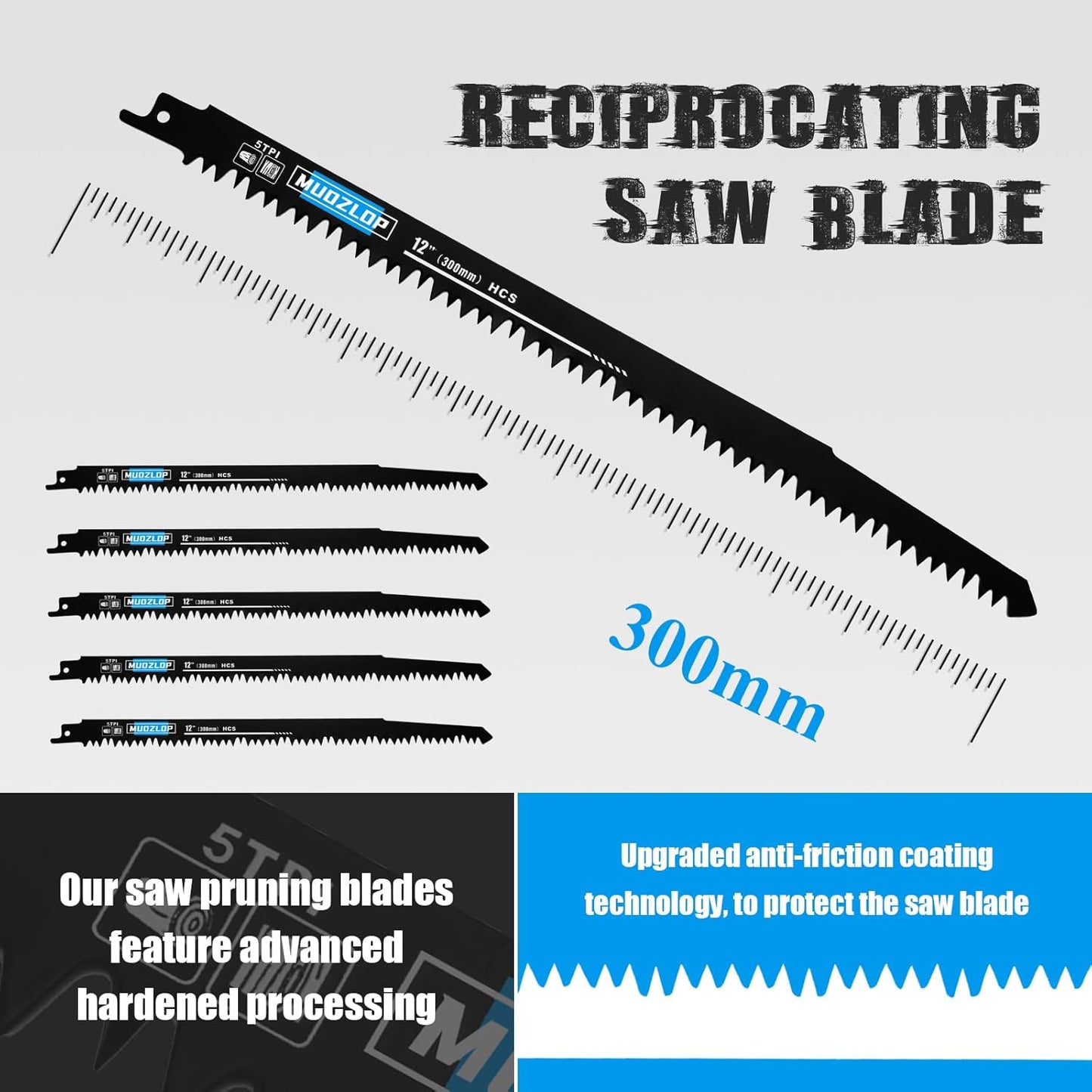 5 Pack 12 inch Reciprocating Saw Blades Set,5 TPI High Carbon Saw Blades, Woodcutting Saw Blades with Organizer Case (5, 5TPI/300mm)