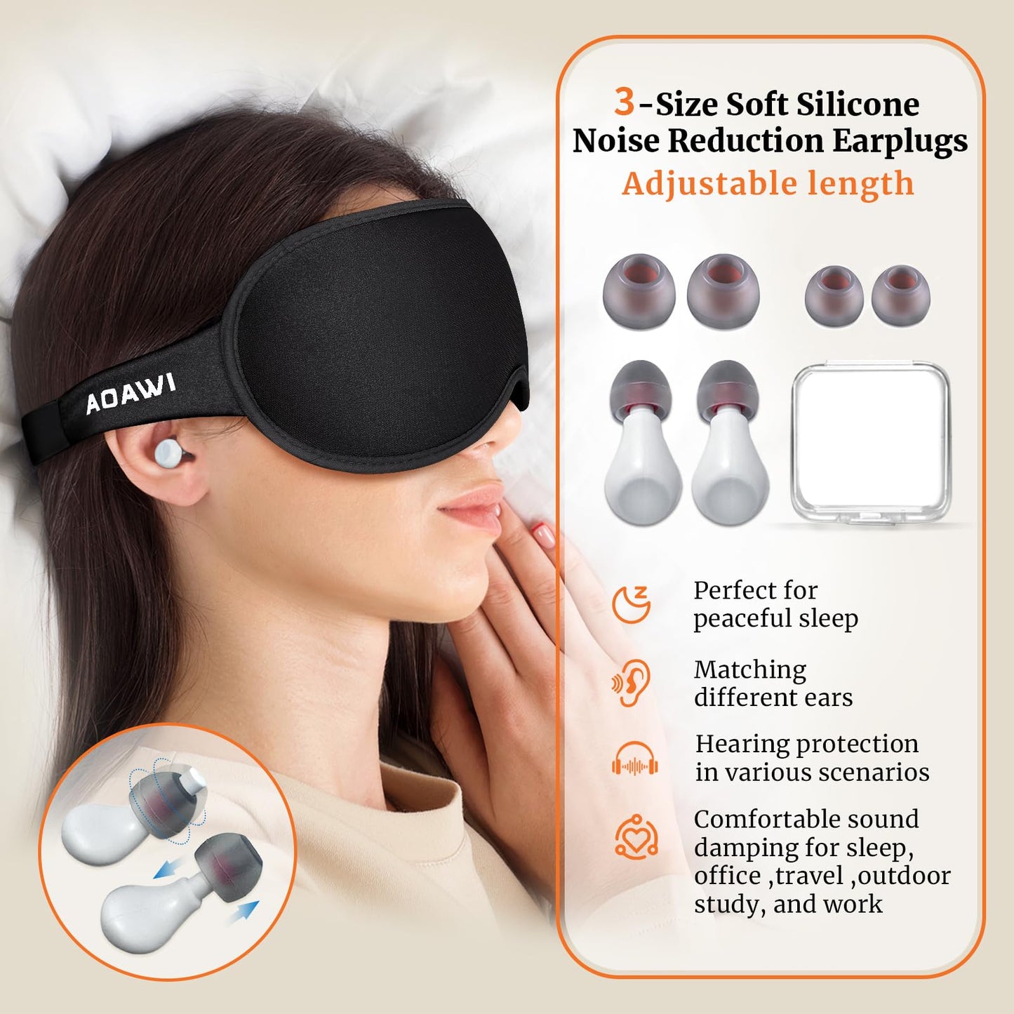 AOAWI Sleep Eye Mask 3D Contoured cup Soft and Gentle, Breathable, Comfortable for side sleeping, Travellers, Yoga, Men, Women, Adjustable, with silicone Ear Plugs for Sleeping Noise Reductions