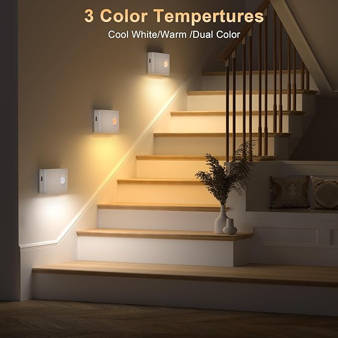 YiaMia Stair Lights Motion Sensor Indoor, 3-Pack Rechargeable Night Lights with Adjustable Brightness, Wireless Under Cabinet Lighting for Stairs, Bathroom, Bedroom