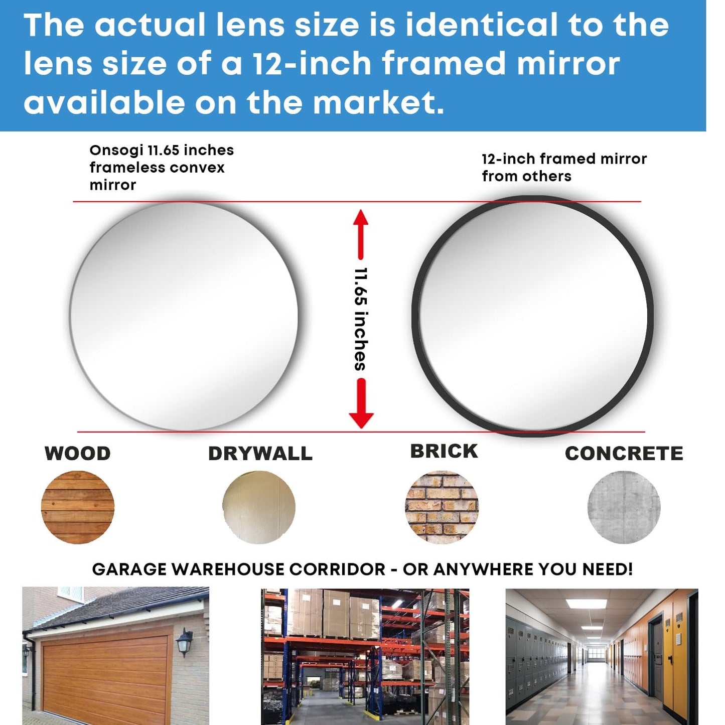 11.65 Inch Frameless 1.8mm Thick Acrylic Convex Mirror - Adjustable Wide Angle View Indoor Security Mirror for Garage Parking Warehouse Office and Corner Security Traffic