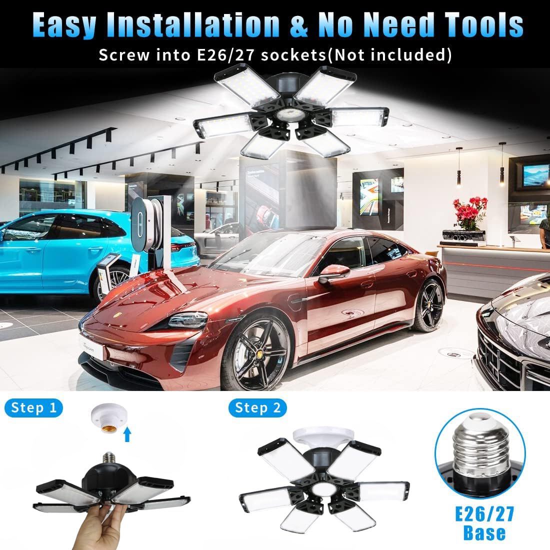 Meiqils 2Pack LED Garage Light - 160W, 16000LM, 6+1 Multi-Position Panels, 6500K, Black, Easy-Install