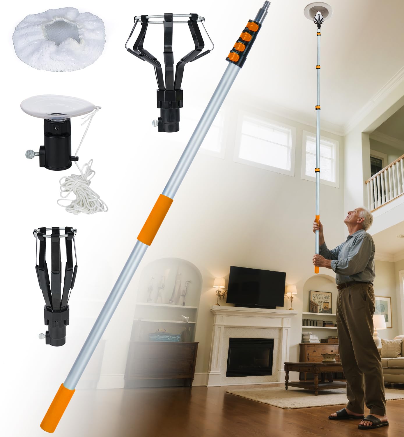 Lupar Light Bulb Changer Pole Kit 3 FT to 20 FT Telescoping Extension Pole with 2 Baskets and Suction Cup for High Ceilings and Recessed Lights Lightbulb Tool Removal Changing