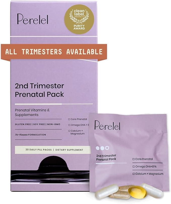 Perelel 2nd Trimester Prenatal Pack, Multivitamin with Magnesium, Omega 3, Iron & Calcium, Nutritional Support for Second ...
