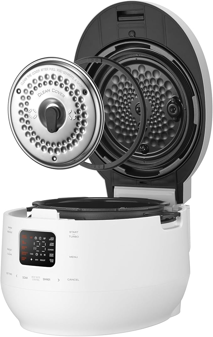 CUCHEN CRS-FWK0640WUS | Automatic Dual Heating Pressure Rice Cooker 6 Cup (Uncooked) (1.14 quarts): 6 person serving / per use | High/Non-Pressure | Triple Power Packing | Easy Open Handle | Stainless Cover | Auto Steam Clean | White