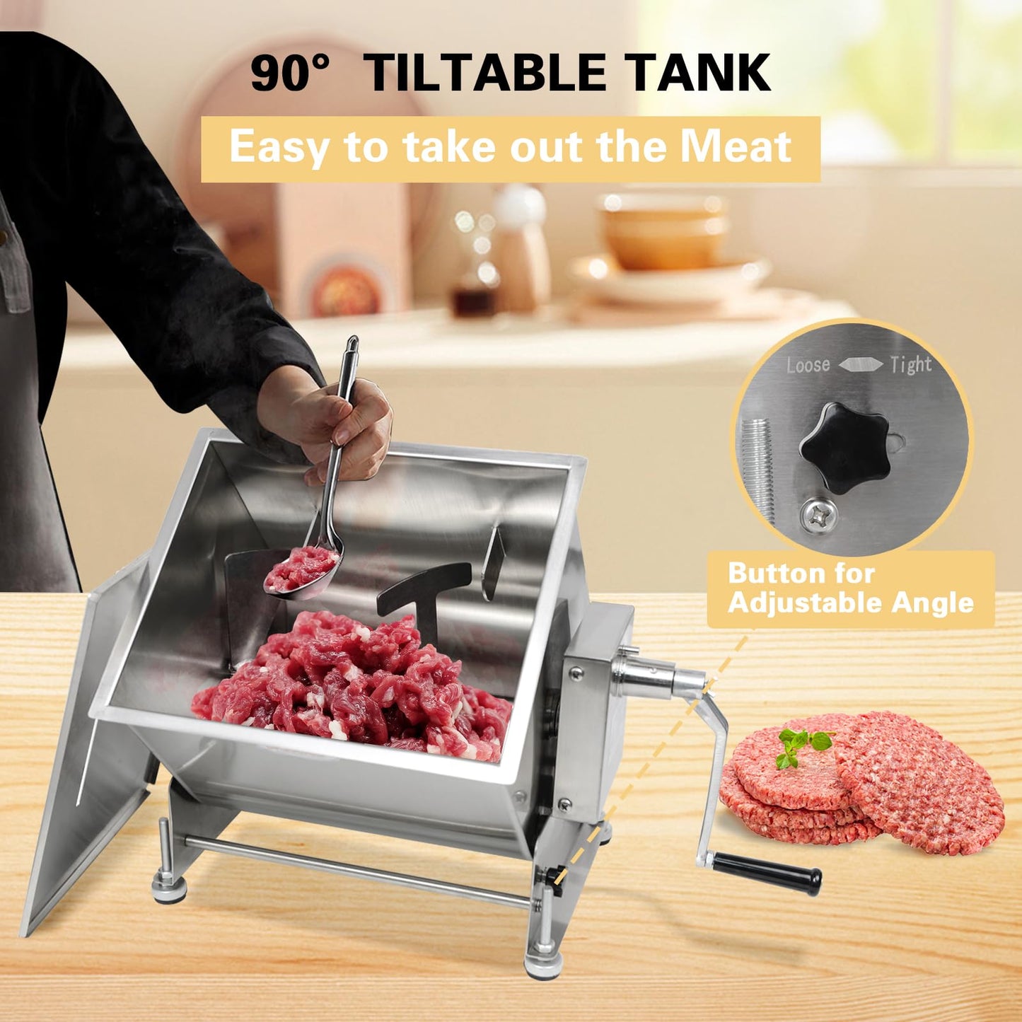 CLIVIA Manual Meat Mixer, 15 Pound Capacity Tilt Tank Meat Mixer for Sausage, Stainless Steel 15lbs/7.5L Sausage Mixer Food Processer for Meat, Vegetable, Burger, Dumplings