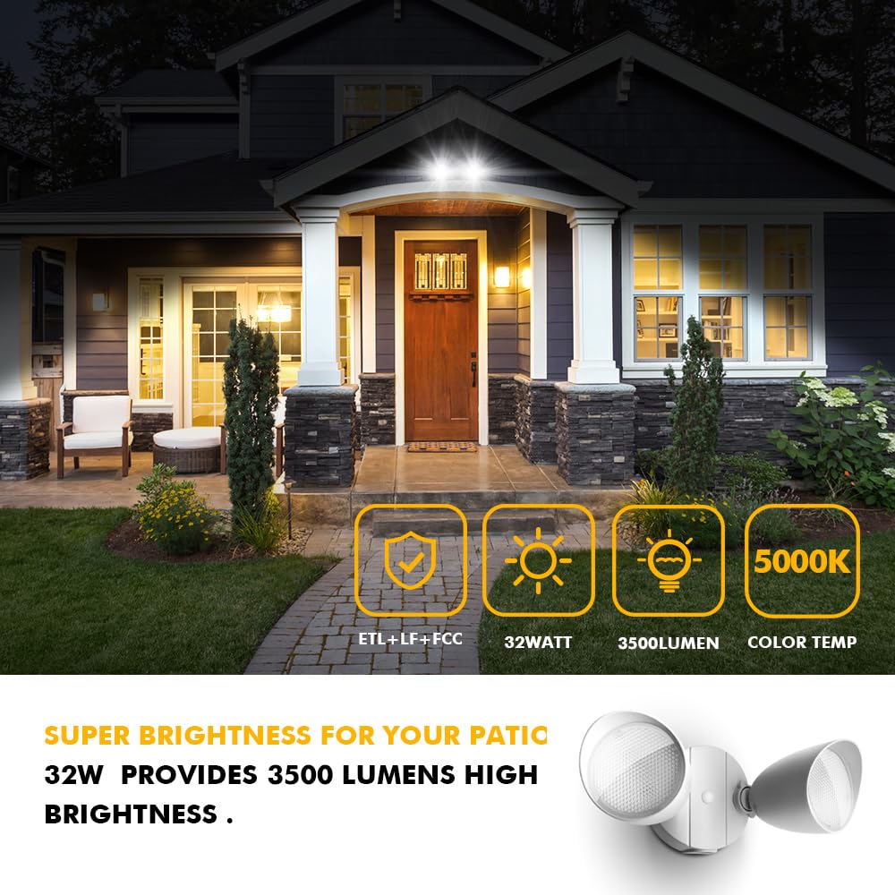 LUTEC Dual-Head Flood Light, 2500 Lumen, 32 Watt, Waterproof, Full Metal, White, Model 6222W-D2D