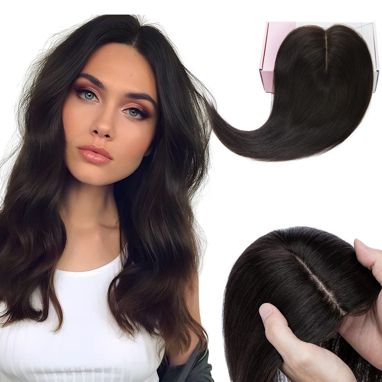 Elailite Hair Toppers for Women Real Human Hair Topper Thinning Thin 5.1x2.8 Silk Base Clip in Remy Hairpieces 18 Inch Natural B