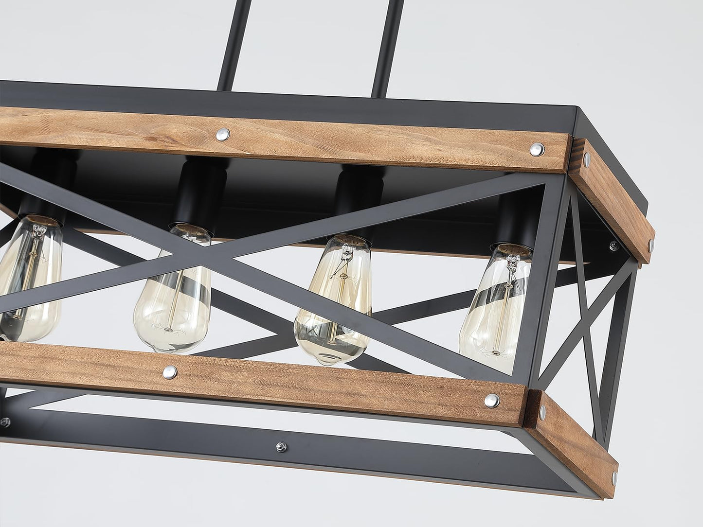 Rustic Farmhouse Wood Kitchen Island Lighting  4 Lights Rectangular Pendant Light Fixture  Adjustable Chain Oak Wood And Metal Linear Chandelier For Dining Room Kitchen Island Farmhouse  Black
