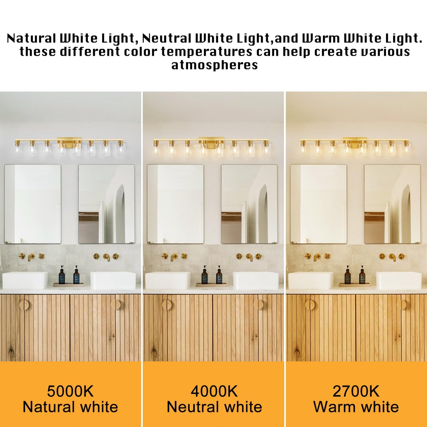 Hdasic 8 Light Gold Bathroom Light Fixtures  Modern Large Vanity Lights With Clear Glass Shade  Brushed Brass Bathroom Lighting Fixtures Over Mirror  Wall Scones Light For Bedroom  Living Room