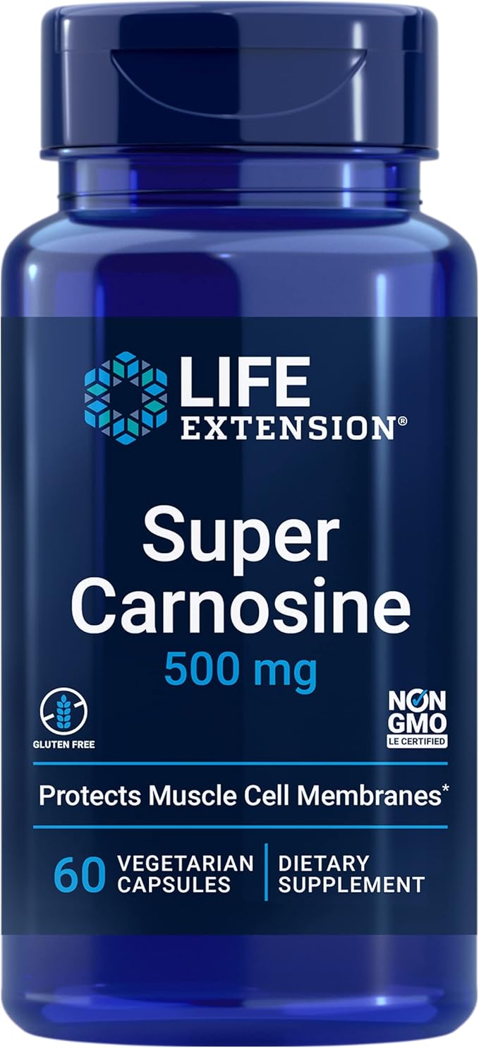 Life Extension Super Carnosine 500mg - For Muscle Recovery - L-Carnosine Supplement with Benfotiamine, Vitamin B1, Luteolin For Healthy Aging - Non-GMO, Gluten-Free - 60 Vegetarian Capsules