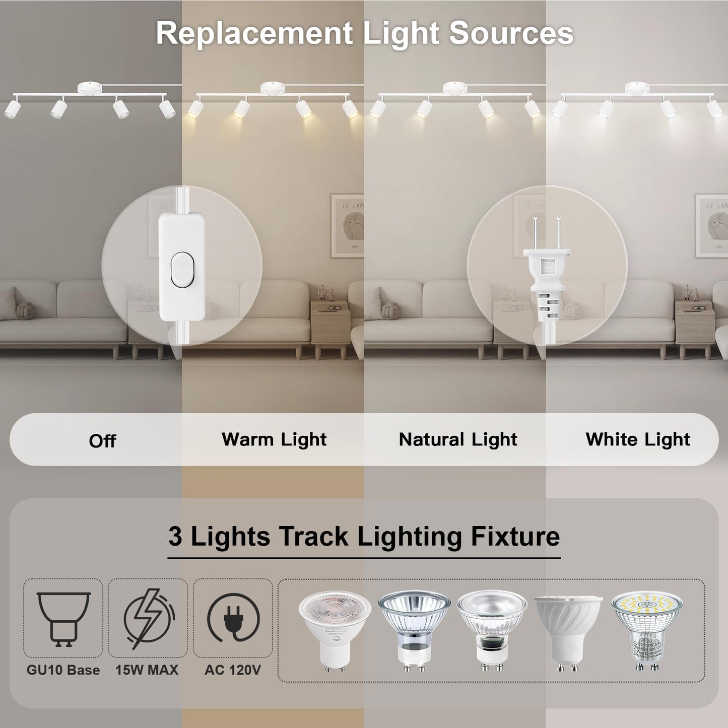 Plug In Track Lighting Led  Track Lighting Fixtures Ceiling  White 4-Light Kitchen Light Kit  Plug In Wall Light With 14.8Ft Power Cord  Rotatable Ceiling Spotlight For Bedroom(Gu10 Socket  No Bulb)