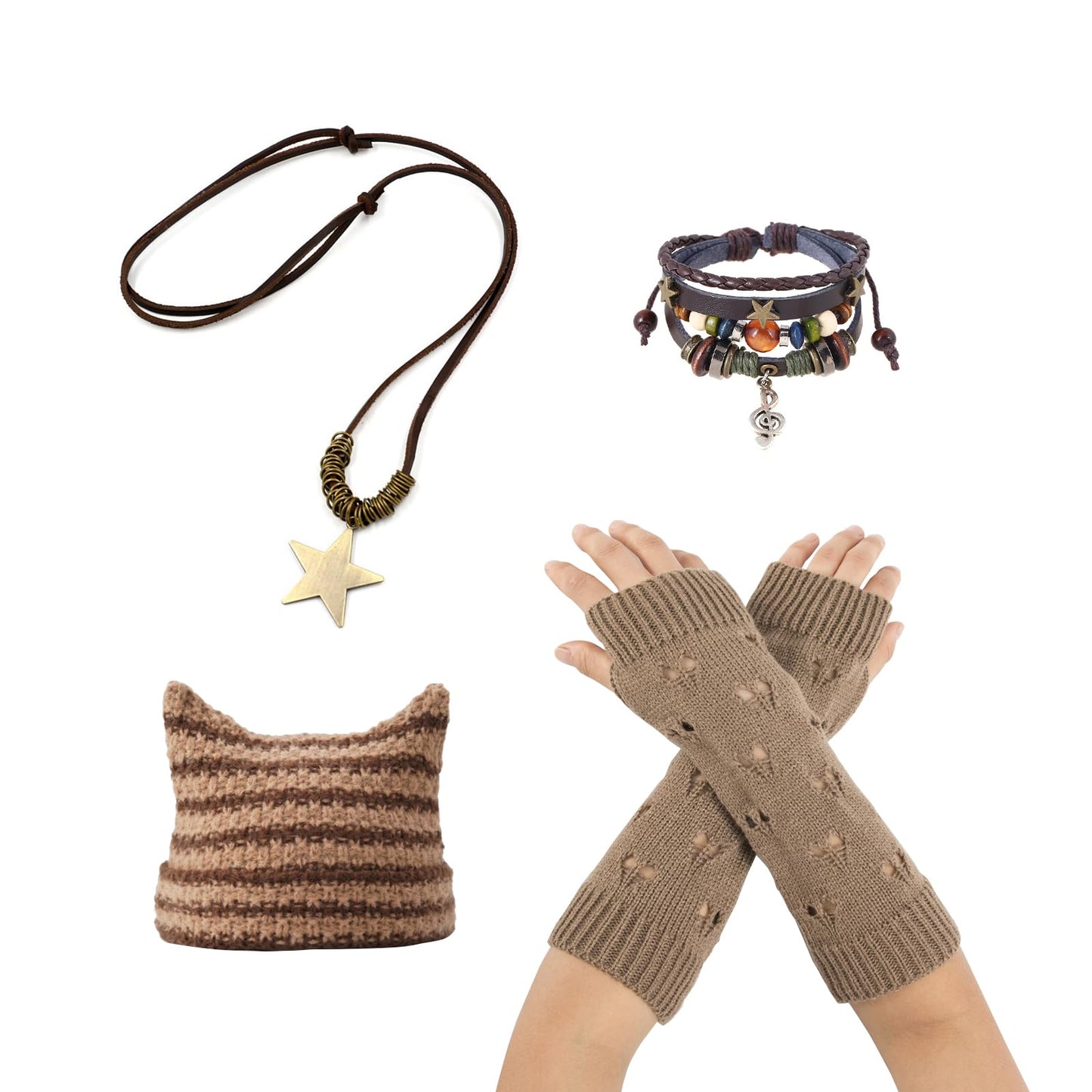 4 Pcs Y2K Therian Grunge Accessories for Women,Grunge Ripped Gloves,Grunge Knitted Cat Beanie,Fairycore Bracelets,Star Pendant Necklace,Therian Stuff,Therian Gear Y2K Clothes Accessories Khaki