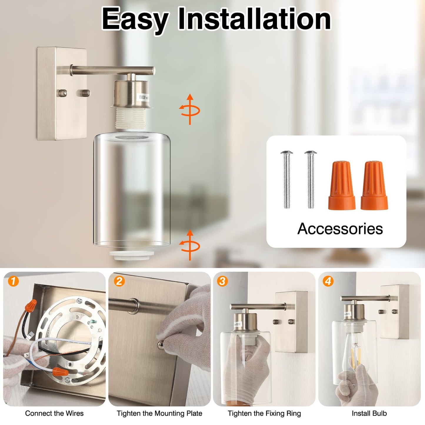 2-Pack Bathroom Wall Sconces  Brushed Nickel Vanity Lights  Modern Wall Light Fixture With Clear Glass Shade  Farmhouse Wall-Mount Lighting Lanterns  Wall Lamps For Mirror Living Room Bedroom Kitchen