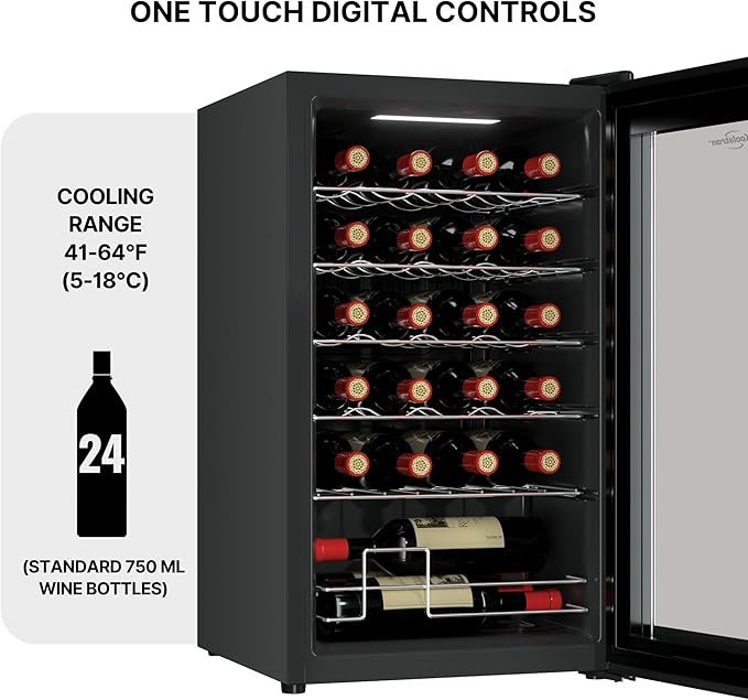 Koolatron 24 Bottle Wine Fridge – Freestanding Wine Cooler with Glass Door, 2.4 cu. ft (68 L), Beverage Can Refrigerator, Digital Temperature Control, Ideal for Red, White, Sparkling Wine, Champagne