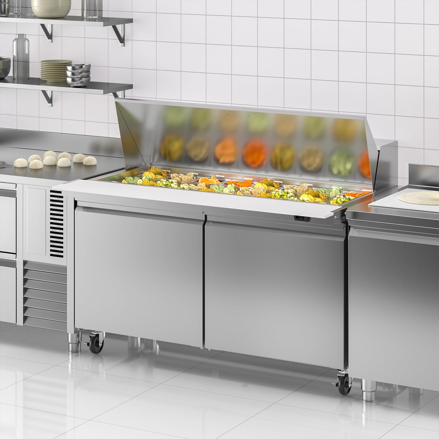 Rockitch 60" W Commercial Refrigerator Sandwich Salad Prep Table, 17.8 Cu.ft 2 Door Commercial Stainless Steel Mega Top Food Prep Fridge with 24 Pans, Salad Prep Station for Restaurant, Bar, Shop
