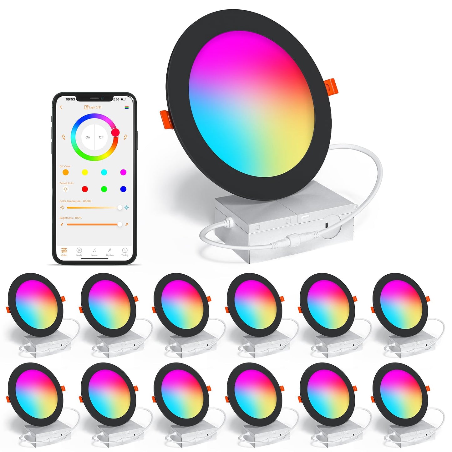 SikSog 6 Inch RGBCW LED Downlight 16W Dimmable Smart Lighting 1350 Lumen Black 12 Pack