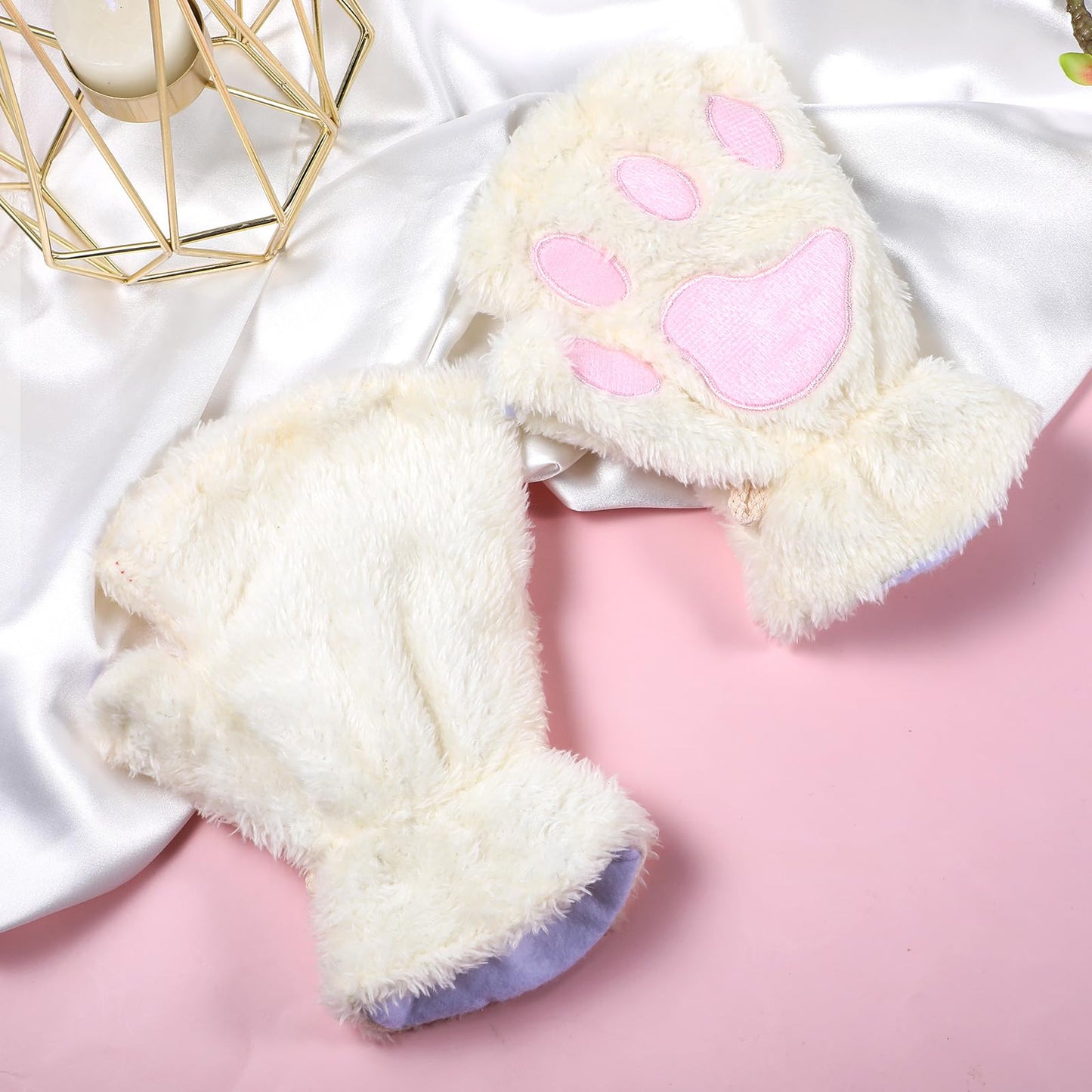 WLLHYF Cat Paws Gloves Fingerless Bear Furry Paw Cute Hand Gear Winter Warm Gloves Halloween Cosplay Costume Accessories (White)