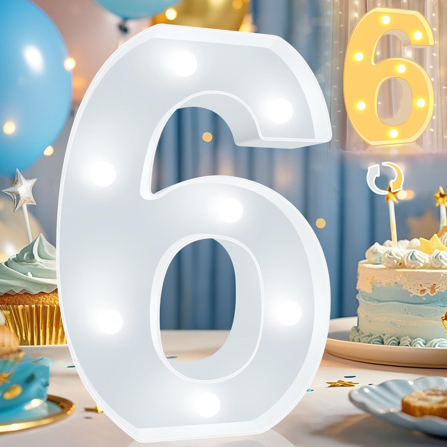 Pooqla LED Light Up Number 6, Warm White and Cool White Decorative Marquee Sign, Plastic, Model DENC-BP-01