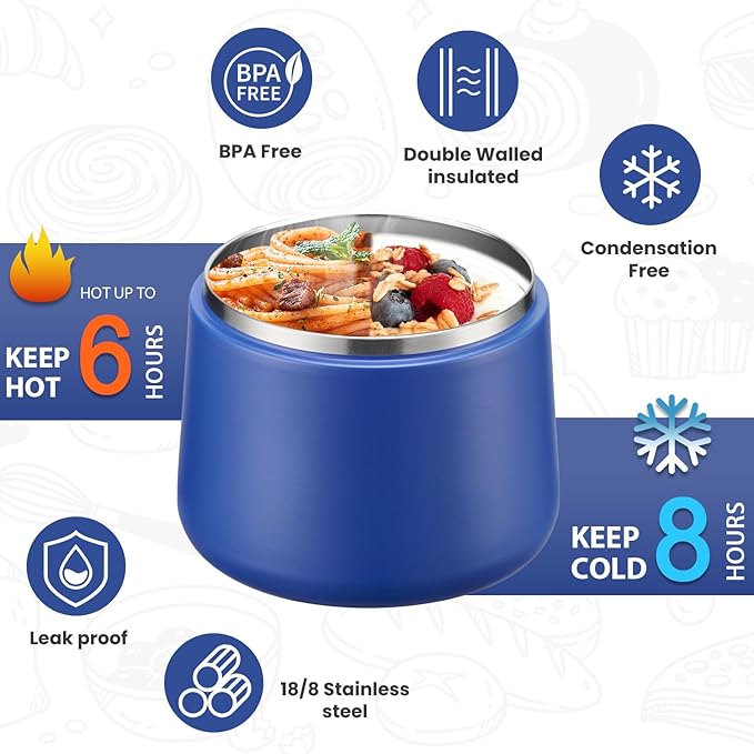 Kids Thermo for Hot Food, 14oz Insulated Soup Jar, Stainless Steel Lunch Box with Leakproof Lid & Spoon, Vacuum Insulated Bento Container (Light Blue)