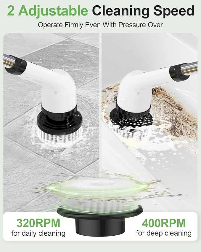 Electric Spin Scrubber, Cordless Cleaning Brush, Shower Scrubber with 9 Floor Machine Pads, 2H Power Dual Speed, Adjustable Extension Handle, IPX7 Waterproof for Floor Carpet Tub Tile Car, O-White.