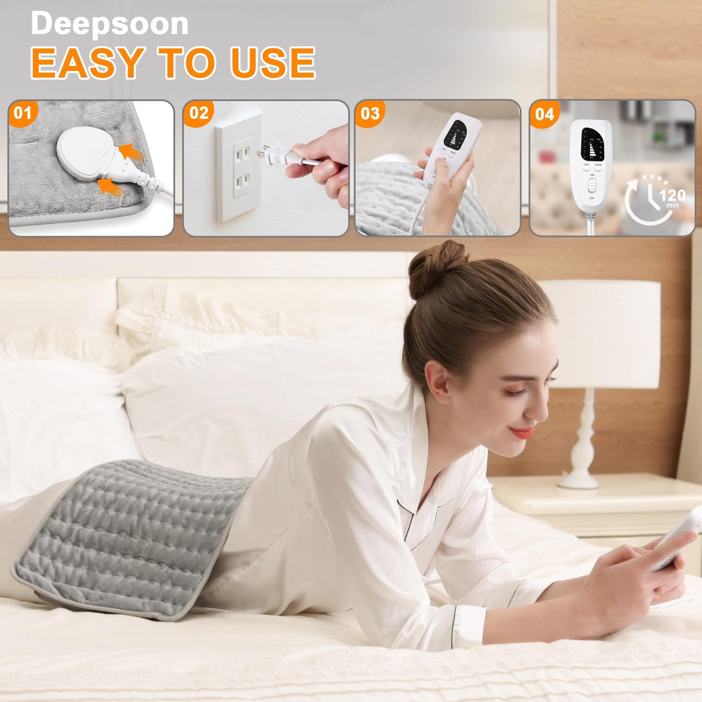 Deepsoon Heating Pad,Electric Heating Pads for Back,Neck,Abdomen,Moist Heating Pad for Shoulder,Knee,Arms,Legs,Dry/Moist Heat & Auto Shut Off,Christmas Gifts for Men and Women,Light Gray,24x12 Inch
