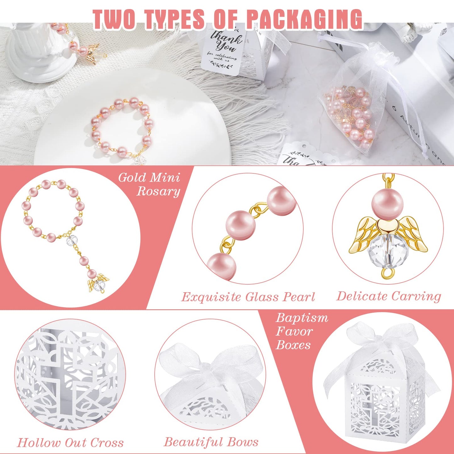 100 Pieces Baptism Rosary Sets Includes 25 Mini Baptism Rosary with Angel, 25 Favor Boxes, 25 Organza Bags and 25 Thank Kraft Ta