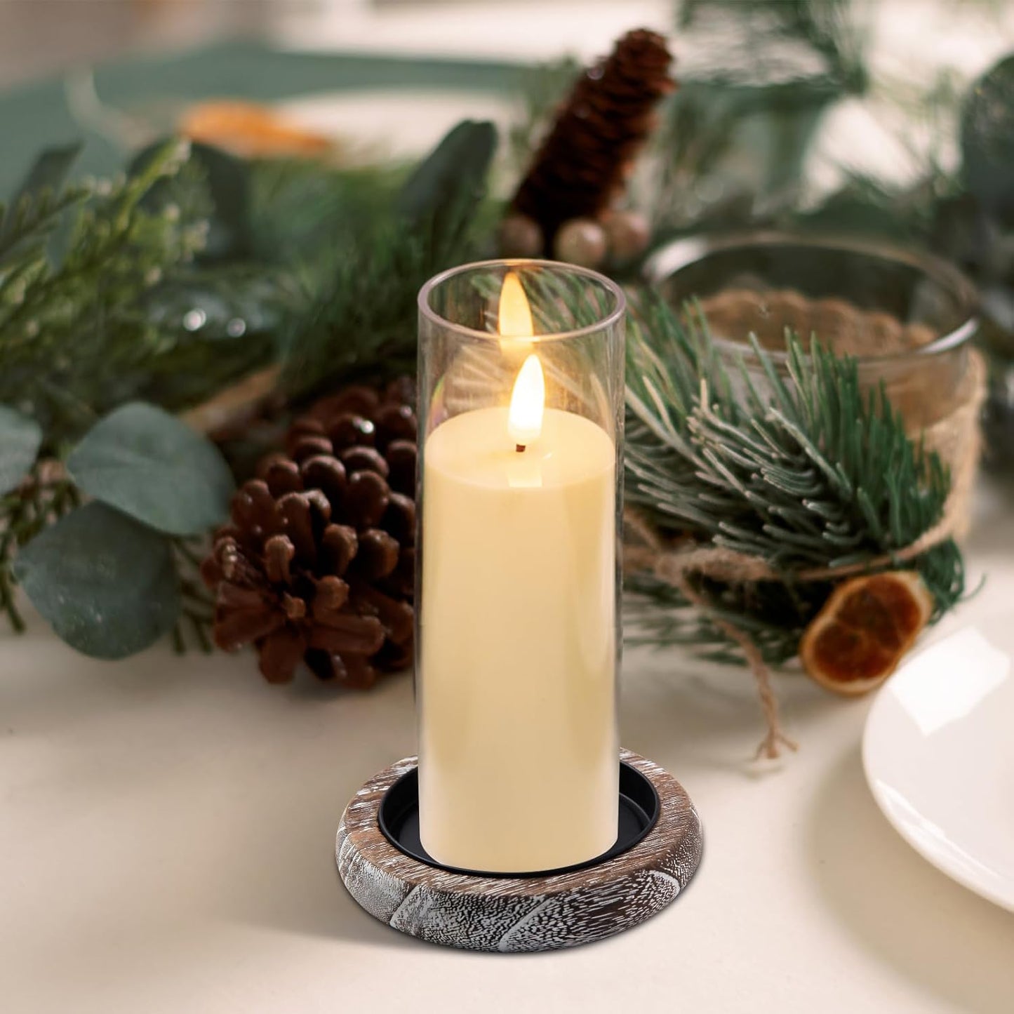Wood Candle Holder Farmhouse Decor Wooden Pillar Candles Tray for Table Centerpiece Small Decorative Tray Riser Round Wooden Plate Pedestal Stand for Coffee Table for Christmas Decor-Bai-4