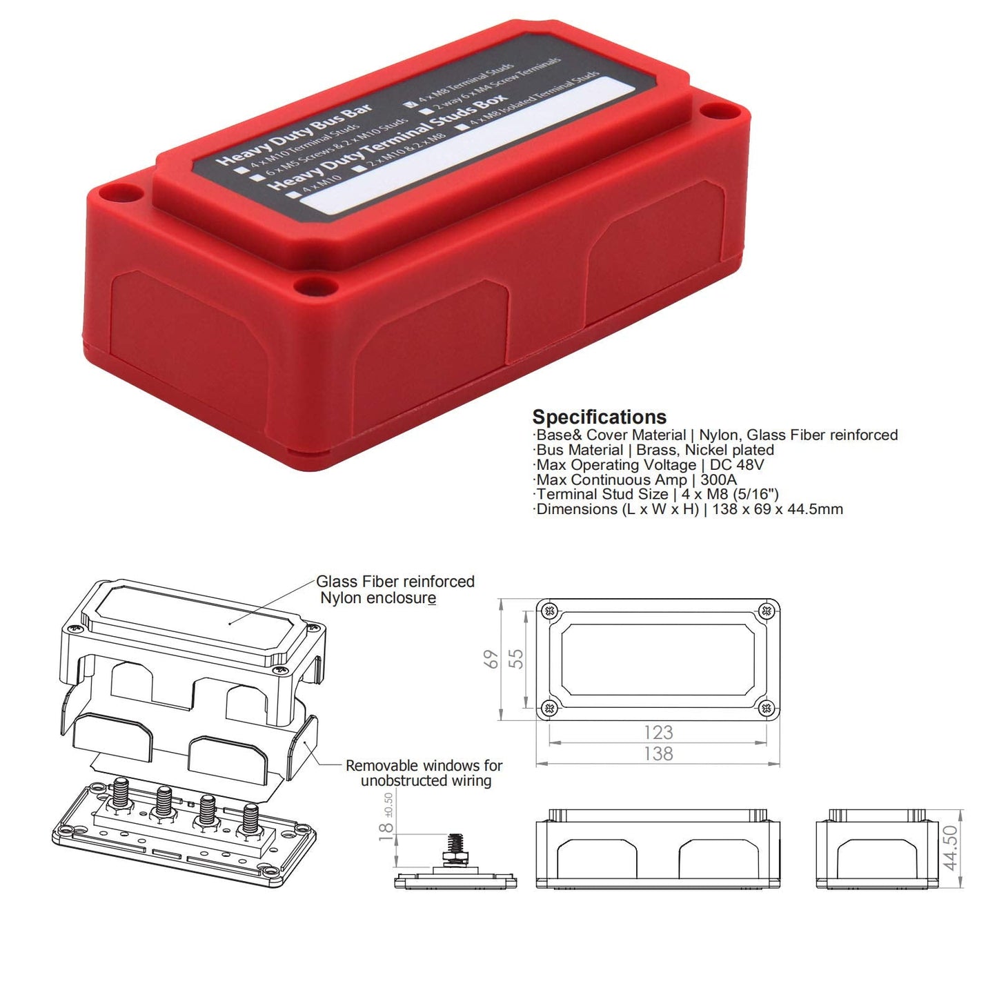 T Tocas 300A Bus Bar Power Distribution Common Busbar 4Xm8 (5/16 ) 12V, Red