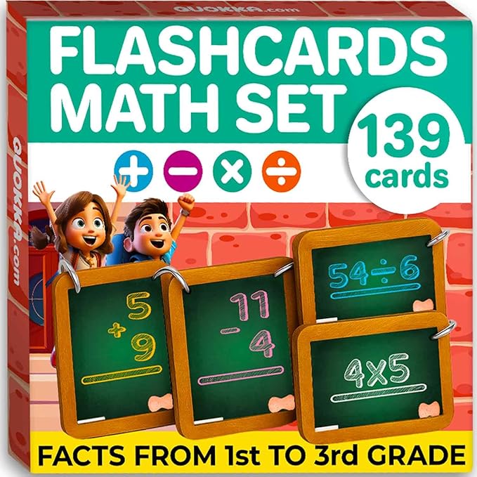 QUOKKA Math Flash Cards for Kids Ages 5-8 - Addition and Subtraction, Multiplication and Division Games for Kids 5-7 - 139 Double-Sided Flashcards for Studying - Large Bold Fonts - Flash Card Rings