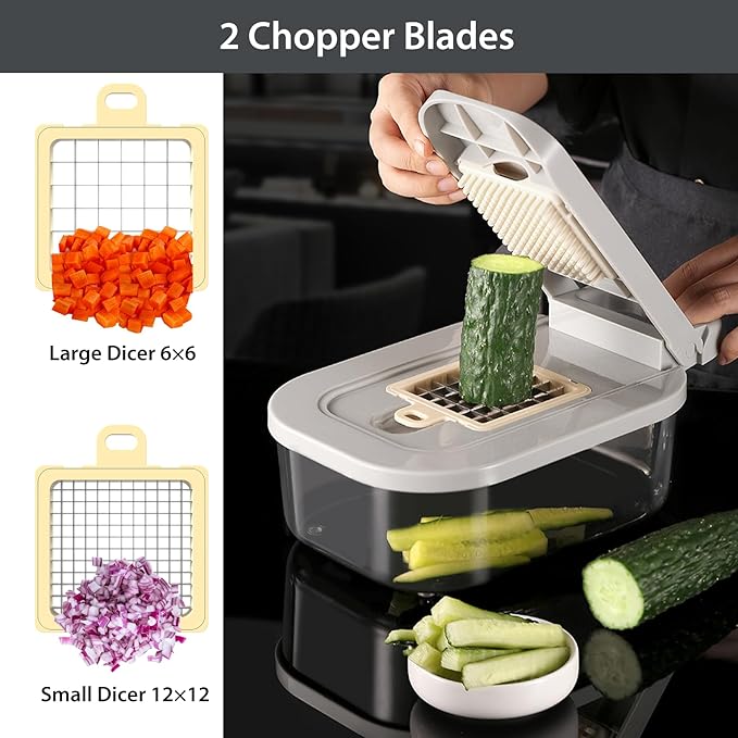 11-in-1 Vegetable Chopper for Kitchen, Food Chopper with Container, Mandoline Slicer Onion Dicer, Veggie Cutter for Fruit Salad Kitchen Gadgets Essential Tools (Beige)