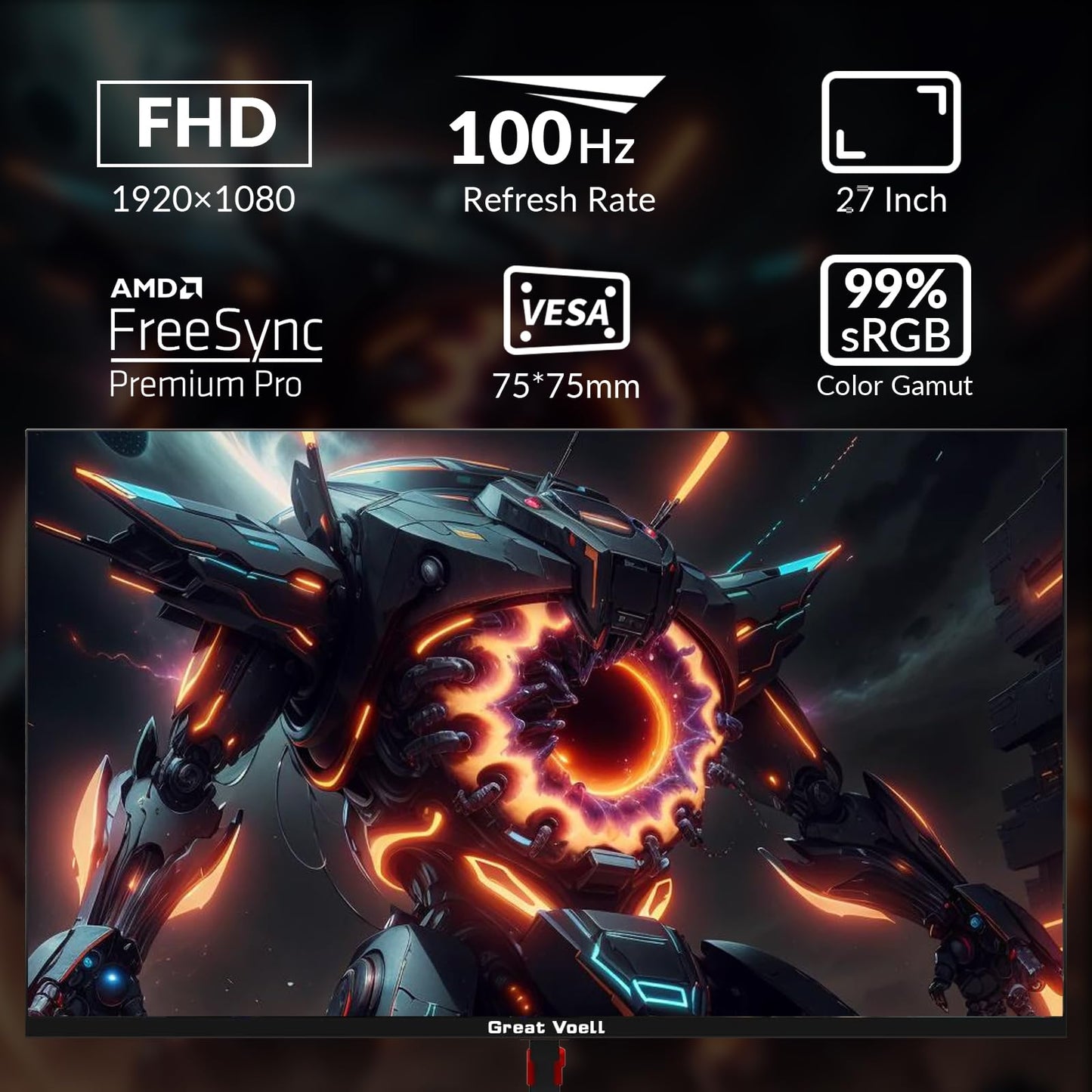 Great voell 27 inch Gaming Monitor IPS 100Hz Computer Monitor Full HD 1920 x 1080P with HDMI VGA Interface Eye Care Frameless 100 x 100mm VESA with 3-Side Virtually Borderless Design