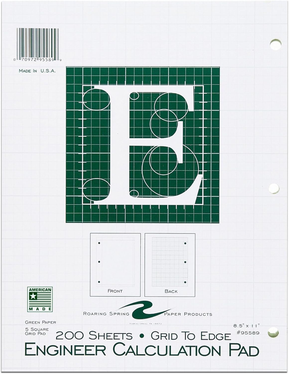 ROARING SPRING Engineering Pad, 8.5" x 11", 200 Sheets 15lb Green Paper, 5x5 Printed Back Grid-to-Edge, Top Glued, 3-Hole Punched, Proudly Made in USA, Heavy Backing Board
