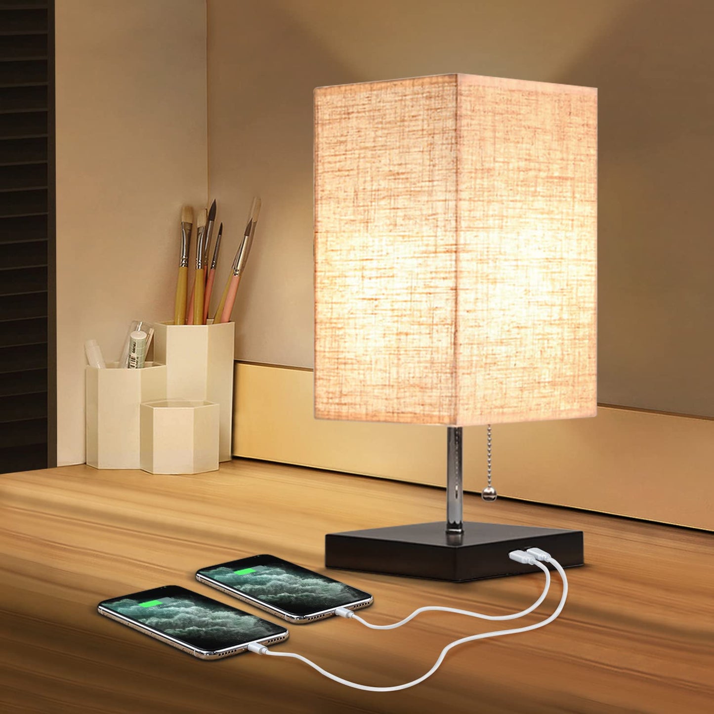 Siljoy Modern Bedside Table Lamp with USB Ports, Pull Chain Switch, Fabric Shade, Square, Black Base