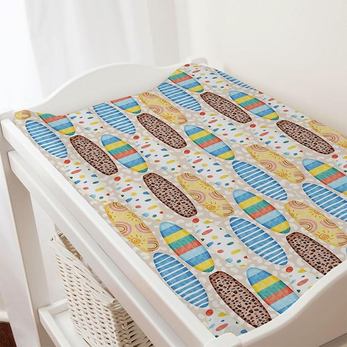Boho Surfboard Baby Changing Pad Cover Sheets for Baby Boy Girl 32''x16'' Beach Surfing Unisex Fitted Diaper Changing Table Sheets Colorful Surfboard Comfort Soft Breathable Baby Changing Table Mats