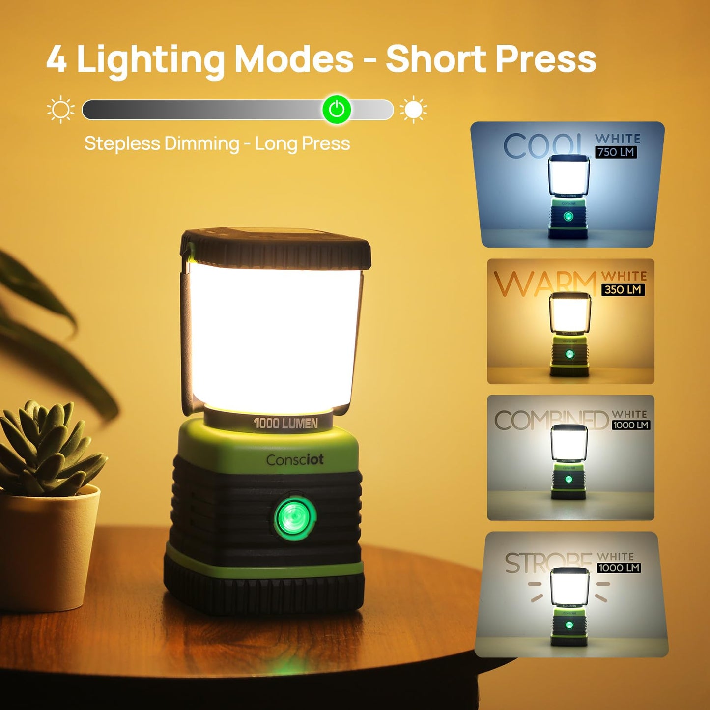 Consciot LED Camping Lantern 1000LM, 4 Light Modes, 4400mAh Power Bank, IPX4 Waterproof, Light Green, Model AOL002-US-V1, 2