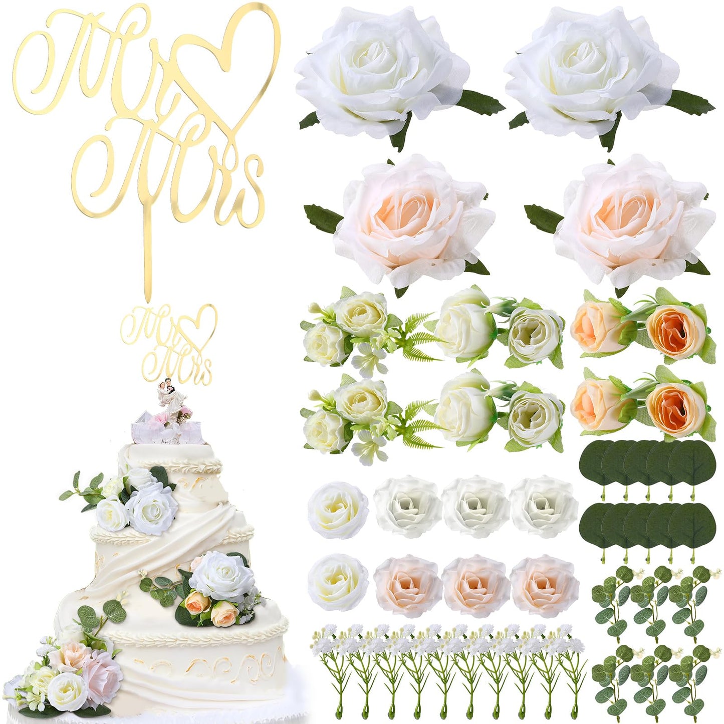 Wavwavw 45 Pcs Flower Wedding Cake Topper Decoration Artificial Rose Eucalyptus Baby S Breath Camellia Mr Mrs Cake Topper Decor
