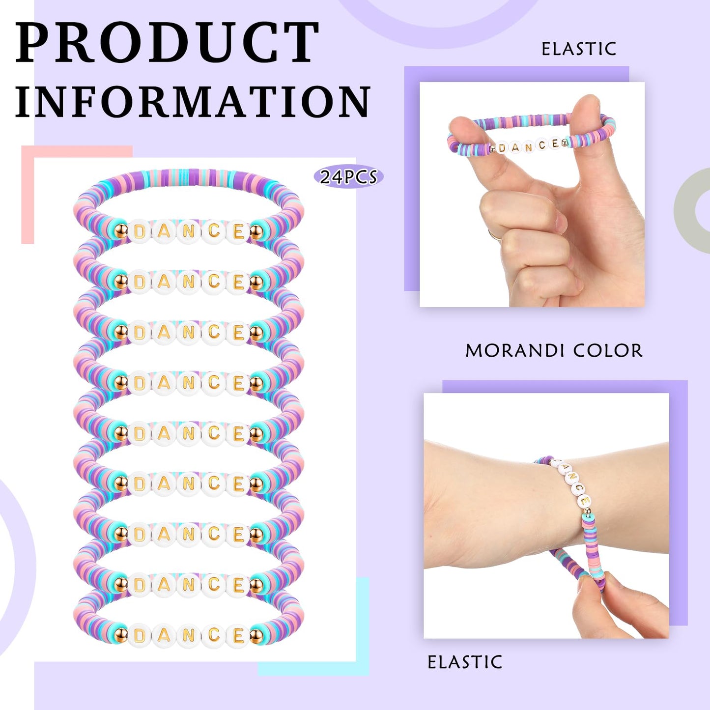 Blosssound 24 Pcs Dance Polymer Clay Beaded Bracelet Bulk Stretch Heishi Bracelet for Dancer Party Favors Team Gift Colorful Dan