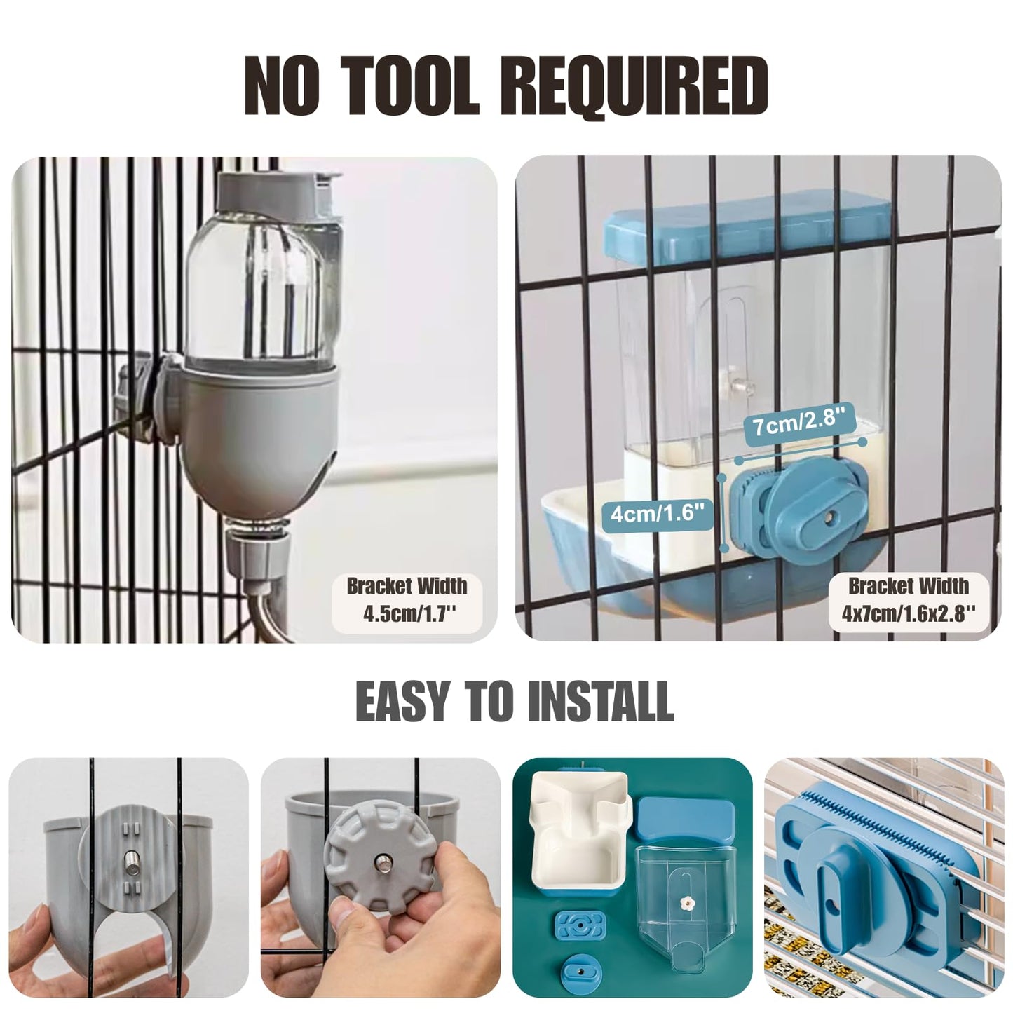 Automatic Pet Food Water Dispenser, Auto Gravity Pet Feeder Water Bottle Set for Crate Cage, Feeding Station for Small Dog Cat Rabbit Guinea Pigs Chinchilla Ferret Hedgehog (Gray)