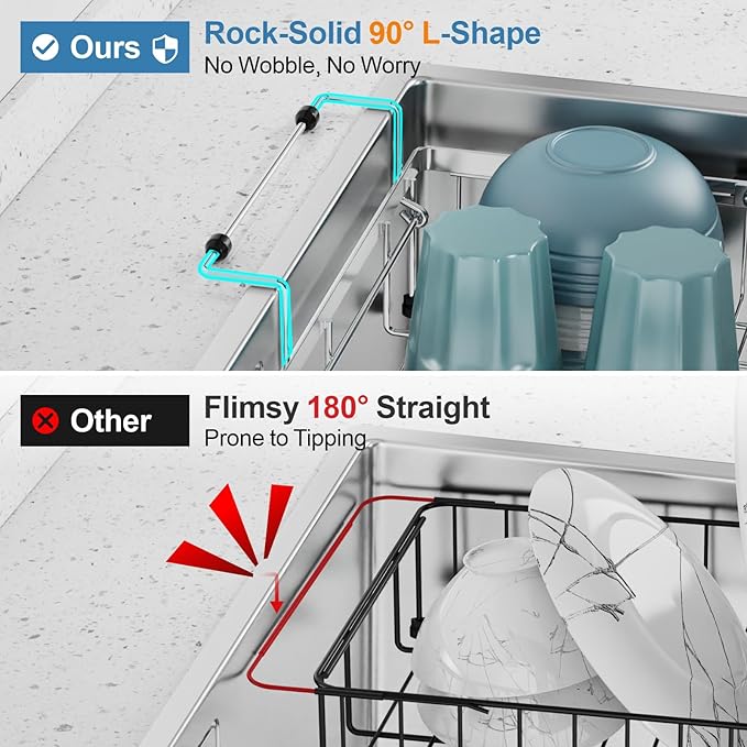 GSlife Stainless Steel Dish Drying Rack - Capacity Expandable in Sink Dish Drainer with Silicone Mat, Over Sink Dish Rack with Utensil Holder for Kitchen Counter, 10.8"-17.9" L x 12.8" W, Silver