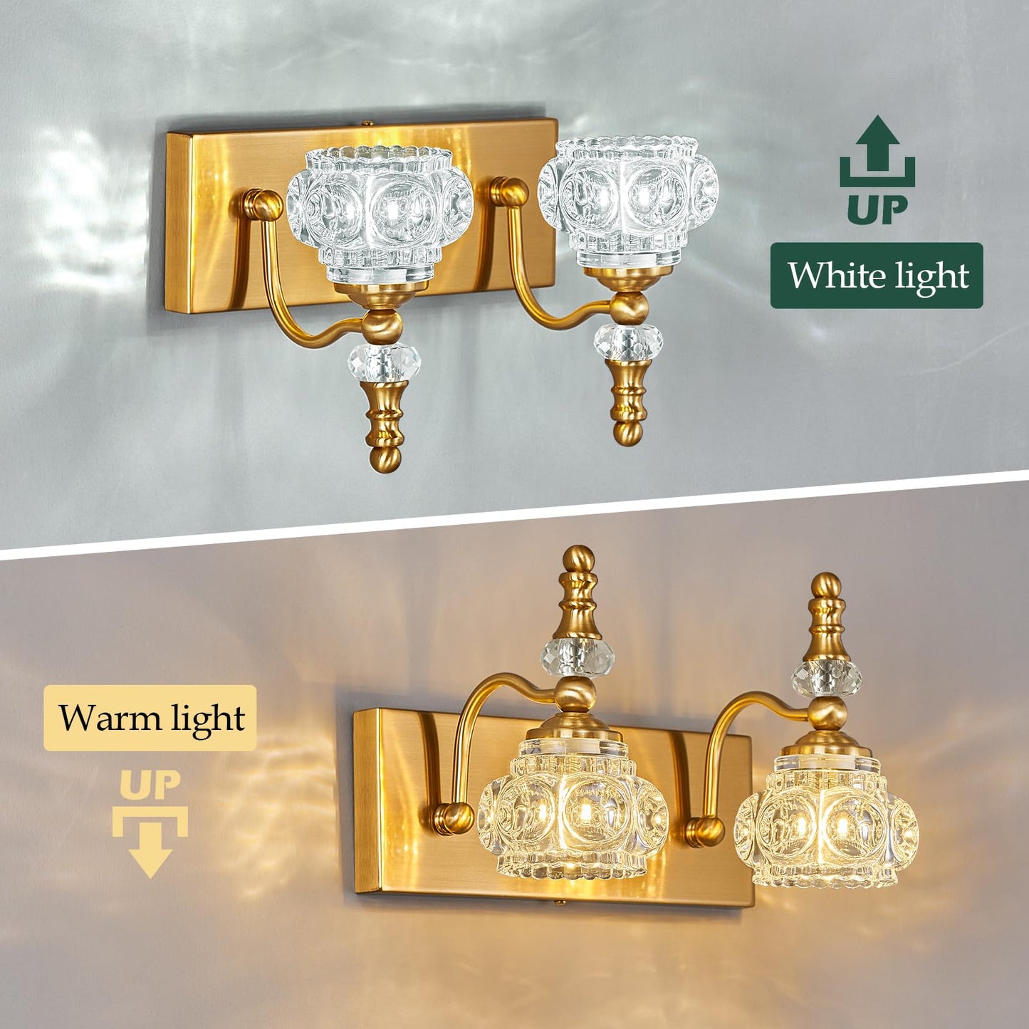 Lbsqj Modern Glass Crystal Vanity Light - Vintage Bathroom Lighting Fixtures Over Mirror  2 Light Vanity Lights G9 Bulb (11.81 Inch  Gold)